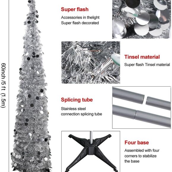 5FT Silver Christmas Pop Up Tinsel Tree Holiday Decor Collapsible - Picture 5 of 6